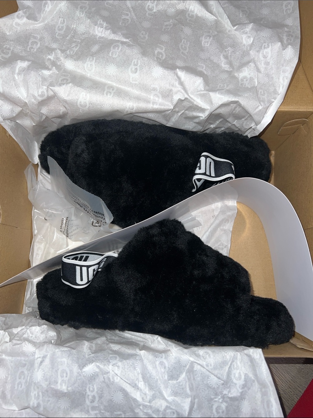 UGG Black Fluff Slide with Branded Strap